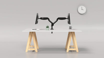 AOC AD110D0 - Dual Computer Monitor Arm Mount, Gas Struts Supporting up to 19.4 lbs and up to 27" on Each arm. Grommet and C-clamp mounts Included. Easy Swivel, tilt, Rotate for Ergonomic Setup.