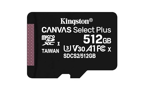 Kingston 512GB microSDXC Canvas Select Plus 100MB/s Read A1 Class UHS-I Memory Card + Adapter (SDCS2/512GB) microSD Card 1 Count (Pack of 1) Fast (Up to 100 MB/s) Single