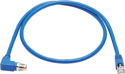 Tripp Lite M12 X-Code Cat6a Shielded Ethernet Cable, Right-Angle M12/RJ45 Cable, 10G F/UTP CMR-LP (M/M), IP68, 60W Power Over Ethernet, Blue, 6.6 Feet / 2 Meters, (NM12-6A4-02M-BL) Right-Angle M12 to RJ45 6.6 ft / 2M