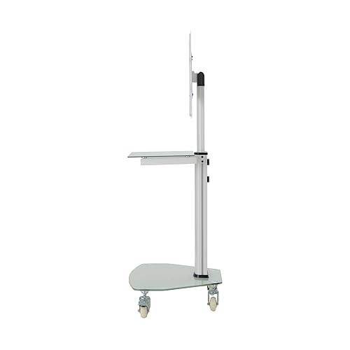 Tripp Lite Mobile Rolling TV Stand Cart with Mount for 32” – 55” Televisions, Elegant Frosted Glass Base and Shelf, Adjustable 50” – 62” Height, Durable White Steel, 5-Year Warranty (DMCS3255SG62W)