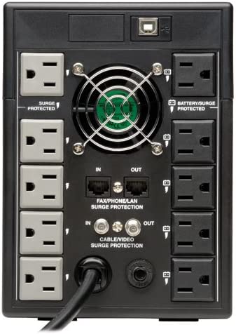 Tripp Lite SMART1500LCDT 1500VA 900W UPS Battery Back Up, AVR, LCD Display, Line-Interactive, 10 Outlets, 120V, USB, Tel &amp; Coax Protection, 3 Year Warranty &amp; Dollar 250,000 Insurance Black 1500VA Tower UPS