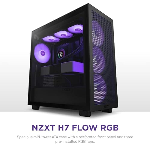 NZXT H7 Flow RGB CM-H71FB-R1 - Compact ATX Mid-Tower PC Gaming Case – High Airflow Perforated Front Panel – Tempered Glass Side Panel – 3 x F140 RGB Core Fans Included – 360mm Radiator Support – Black
