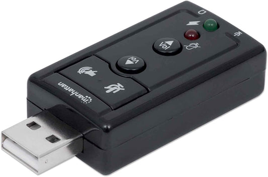 Manhattan Hi-Speed USB 2.0 3D 7.1 Sound Adapter, External Sound Card with 3.5 mm Audio and Microphone Ports, 7.1-Channel Virtual 3D Surround Sound, Internal Amplifier and Volume Controls
