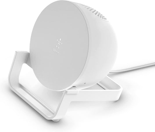 Belkin Wireless Charging Speaker (Wireless Charging Stand + Bluetooth Speaker Charger) Charge While Listening to Music, Streaming Videos, Video Calls, White (AUF001ttWH)