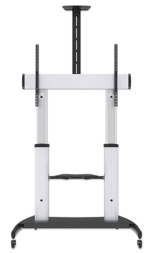 Manhattan Heavy Duty Rolling TV Stand for 60–100 Inch Flat Screen TVs up to 220 lbs. / Aluminum Construction / 5–10° Tilt/Height-Adjustable Camera & AV Shelves/Silver & Black / 461672