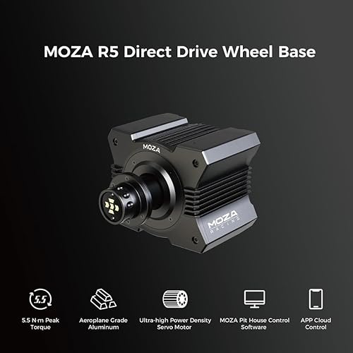 MOZA R5 All-in-One PC Gaming Racing Simulator 3PCS Bundle: 5.5Nm Direct Drive Wheel Base, 11-inch Racing Wheel, Anti-Slip Pedals and a Desk Clamp, Cloud-Based App Control