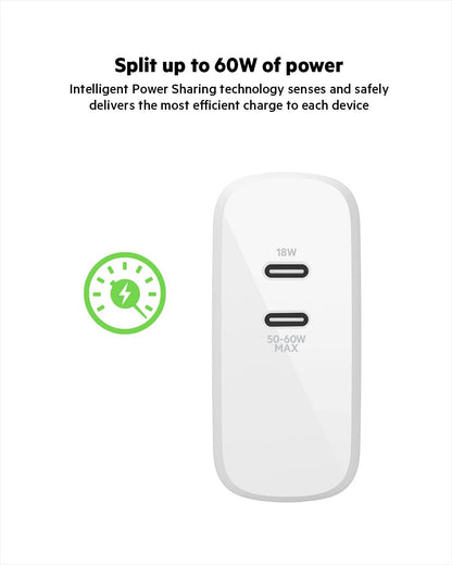 Belkin USB-PD GaN Charger 68W (USB-C iPhone Fast Charger, MacBook Pro Charger, iPad Pro, Pixel, Galaxy, More), USB-C Power Delivery with 2M (6.6ft) PVC USB-C to USB-C Charging Cable (WCH003dq)