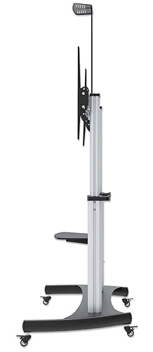 Manhattan Heavy Duty Rolling TV Stand for 60–100 Inch Flat Screen TVs up to 220 lbs. / Aluminum Construction / 5–10° Tilt/Height-Adjustable Camera & AV Shelves/Silver & Black / 461672