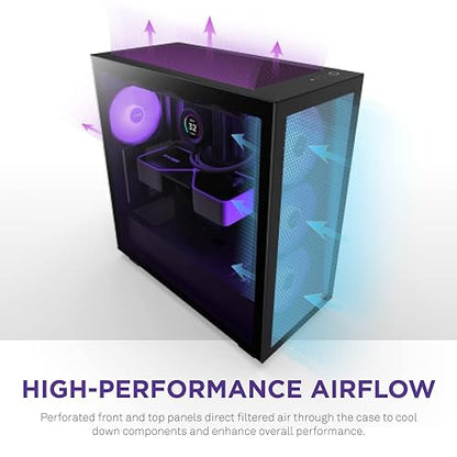 NZXT H7 Flow RGB CM-H71FB-R1 - Compact ATX Mid-Tower PC Gaming Case – High Airflow Perforated Front Panel – Tempered Glass Side Panel – 3 x F140 RGB Core Fans Included – 360mm Radiator Support – Black