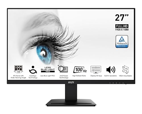 MSI Pro MP273A, 27" Monitor, 1920 x 1080 (FHD), IPS, 100Hz, TUV Certified Eyesight Protection, 4ms, Displayport, HDMI, Tilt, Black