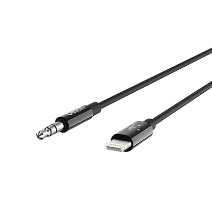 Belkin 3.5 mm Audio Cable With Lightning Connector - 3 ft Lightning/Mini-phone Audio/Data Transfer Cable for Audio Device, Speaker, iPhone, iPad - First End: 1 x Lightning - Male - Second End: 1 x Mini-phone Stereo Audio - Male - MFI - Black