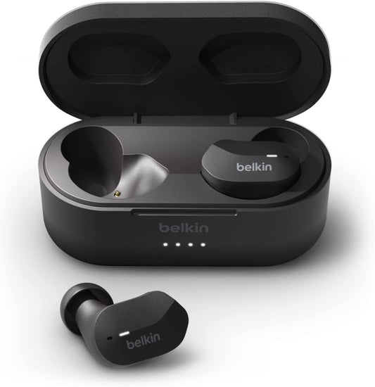 Belkin SoundForm True Wireless Earbuds, Bluetooth Headphones with Microphone, Touch Controls, IPX5 Sweat &amp; Splash Resistant for iPhone 12, Pro, Max, Mini and Galaxy with Charging Case (Black) Classic Black
