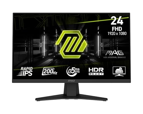 MSI MAG 244F, 24" Gaming Monitor, 1920 x1080 (FHD), Rapid IPS, 200Hz, 0.5ms, FreeSync Premium, HDR Ready, AI Vision, HDMI, Displayport, Tilt, Black