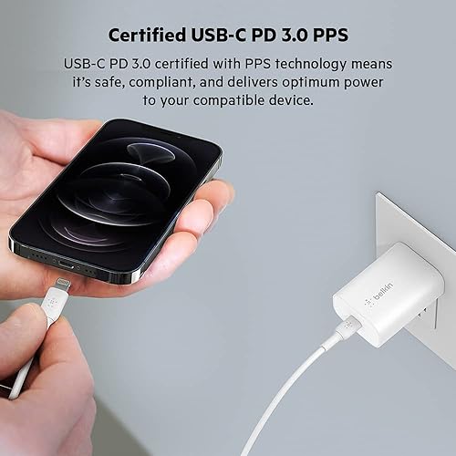 Belkin 25-Watt USB-C Wall Charger, Power Delivery USB-C Charger, PPS Fast Charging for Apple iPhone 14, 14 Pro, 14 Pro Max, 13, 13 Pro, Galaxy S23 Ultra, iPad, AirPods & More - White