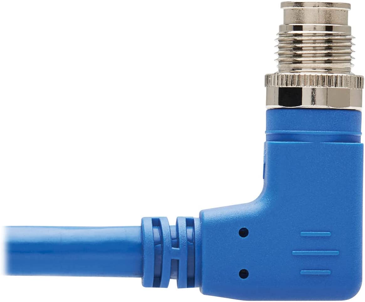 Tripp Lite M12 X-Code Cat6a Shielded Ethernet Cable, Right-Angle M12/RJ45 Cable, 10G F/UTP CMR-LP (M/M), IP68, 60W Power Over Ethernet, Blue, 6.6 Feet / 2 Meters, (NM12-6A4-02M-BL) Right-Angle M12 to RJ45 6.6 ft / 2M