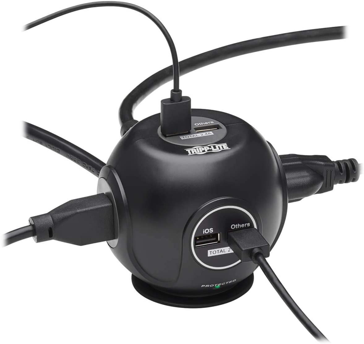 Tripp Lite Surge Protector 3-Outlet Spherical Surge Protector, 4 USB Ports (4.8A Shared) - 6-ft. (1.83 m) Cord, 5-15P Plug, 540 Joules, Black (TLP36USB)