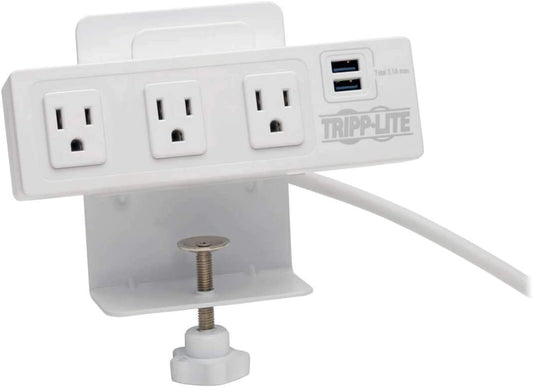 Tripp Lite Surge Protector Power Strip 3-Outlet with 2-Port USB Charging Ports, Desk Clamp, White 510 Joules (TLP310USBCW)