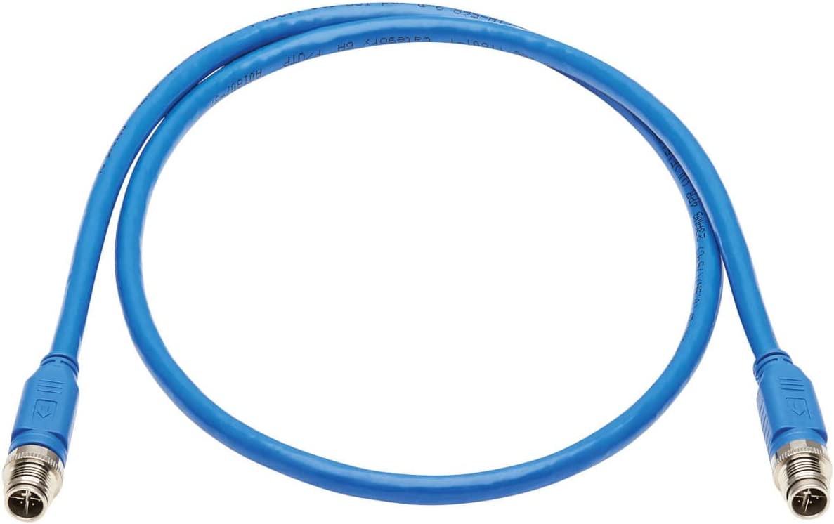 Tripp Lite M12 X-Code Cat6a Shielded Ethernet Cable, 10G F/UTP CMR-LP (M/M), IP68, 60W Power Over Ethernet, Blue, 3.3 Feet / 1 Meter, (NM12-6A1-01M-BL) M12 Cable 3.3 ft / 1M