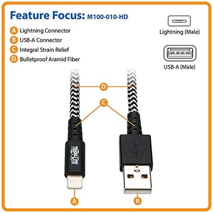 Tripp Lite Braided Lightning Cable – Lightning to USB Cable (M/Apple Certified Lightning Cable, Charge/Sync, 10 ft, Aramid Fiber, Grey, 2-Year Warranty (M100-010-HD)