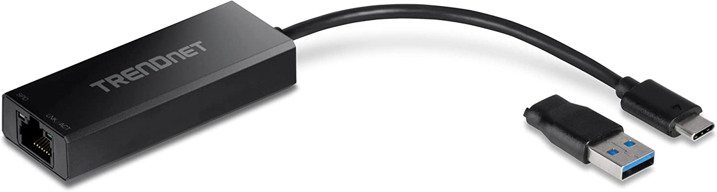 TRENDnet 2.5G USB-C to RJ-45 Ethernet Adapter, 2-in-1 Adapter Compatible with USB C/Thunderbolt 3 or USB 3.1, Windows and Mac Compatible, USB-C to USB-A Adapter Included, Black, TUC-ET2G USB-C 2.5 Gbps
