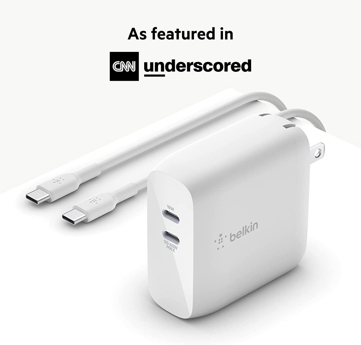 Belkin USB-PD GaN Charger 68W, White &amp; BoostCharge Pro Flex Braided USB Type C to C Cable (2M/6.6FT), USB-IF Certified Power Delivery PD Fast Charging Cable White Standalone Charger + Cable White