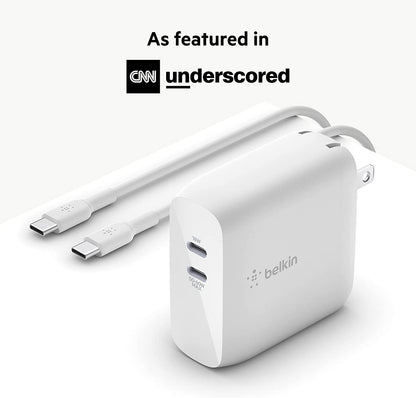 Belkin USB-PD GaN Charger 68W, White &amp; BoostCharge Pro Flex Braided USB Type C to C Cable (2M/6.6FT), USB-IF Certified Power Delivery PD Fast Charging Cable White Standalone Charger + Cable White
