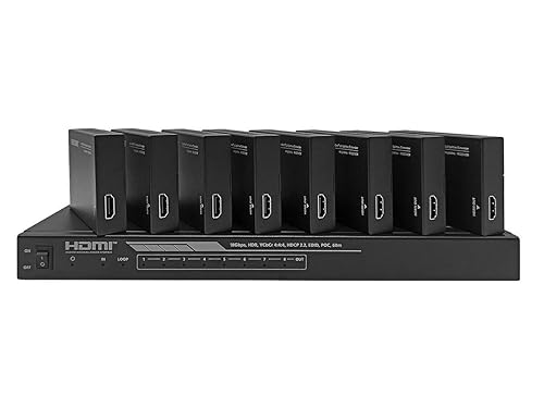 Monoprice Blackbird 4K HDMI 2.0 1x8 Splitter Extender Complete Solution Kit- 18Gbps, HDR, 4K@60Hz, YCbCr 4:4:4, HDCP 2.2, Cat6/6a/7 with IR, Loop Out, EDID, POC with 8 Receivers, 60m, 197ft