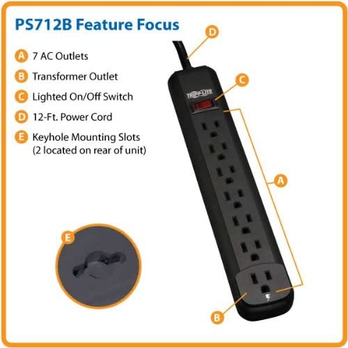 Tripp Lite 7 Outlet Home &amp; Office Power Strip, 12ft Cord with 5-15P Plug (PS712B) Black 7 Outlet + 12ft Cord