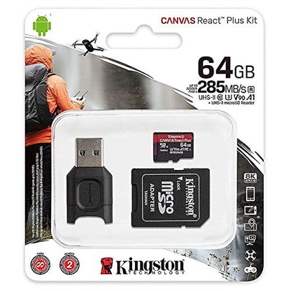 Kingston 64GB microSDXC Canvas React Plus 285MB/s Read UHS-II, C10, U3, V90, A1 Memory-Card +Adapter (MLPMR2/64GBCR)