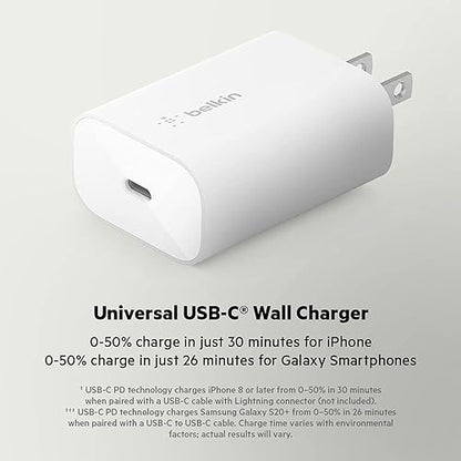 Belkin 25-Watt USB-C Wall Charger, Power Delivery USB-C Charger, PPS Fast Charging for Apple iPhone 14, 14 Pro, 14 Pro Max, 13, 13 Pro, Galaxy S23 Ultra, iPad, AirPods & More - White