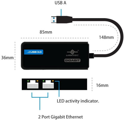 Vantec USB 3.0 to Dual Gigabit Ethernet Network Adapter (CB-U320GNA),Black
