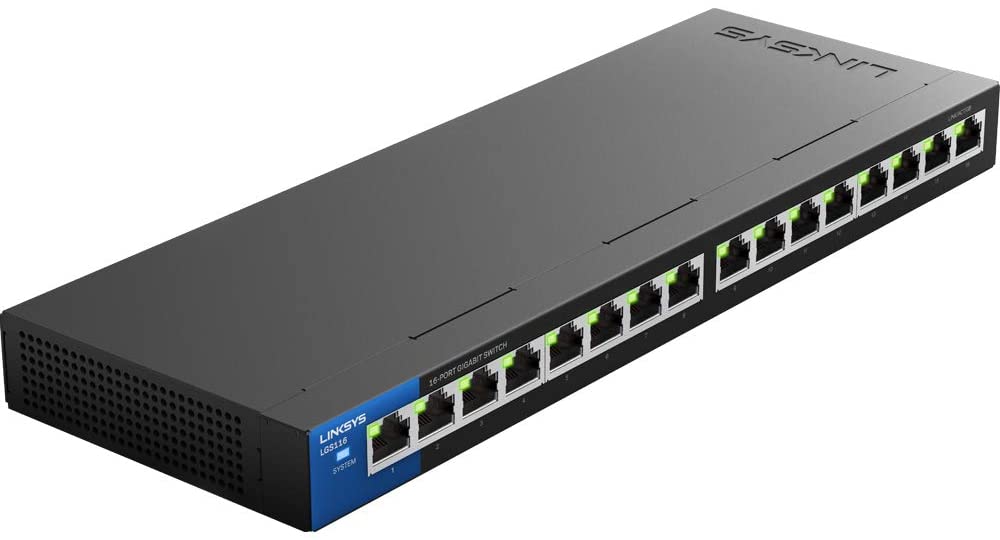 Linksys LGS116: 16-Port Business Desktop Gigabit Ethernet Unmanaged Switch, Computer Network, Wired Connection Speed up to 1,000 Mbps (Black, Blue)