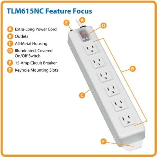 Tripp Lite 6 Outlet Home &amp; Office Power Strip, 15ft Cord with 5-15P Plug (TLM615NC),Gray