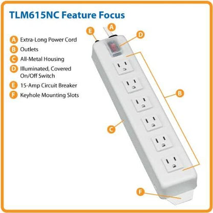 Tripp Lite 6 Outlet Home &amp; Office Power Strip, 15ft Cord with 5-15P Plug (TLM615NC),Gray