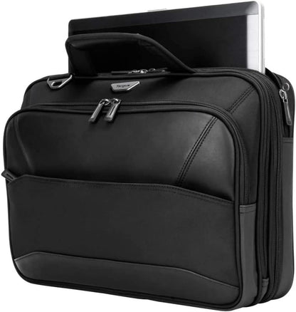 Targus Mobile-VIP Topload Shoulder Bag with Checkpoint-Friendly TSA Screening, Weather Resistant, Dual Main Compartments, Trolley Strap, SafePort Drop Protection for 15.6-Inch Laptop, Black (TBT264)