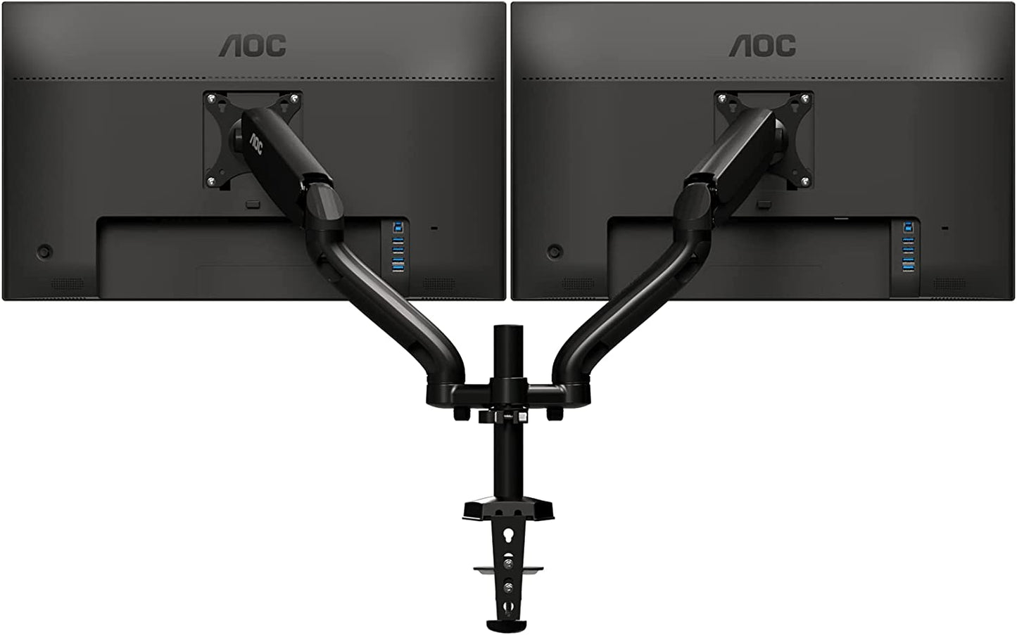 AOC AD110D0 - Dual Computer Monitor Arm Mount, Gas Struts Supporting up to 19.4 lbs and up to 27" on Each arm. Grommet and C-clamp mounts Included. Easy Swivel, tilt, Rotate for Ergonomic Setup.