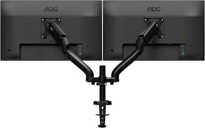 AOC AD110D0 - Dual Computer Monitor Arm Mount, Gas Struts Supporting up to 19.4 lbs and up to 27" on Each arm. Grommet and C-clamp mounts Included. Easy Swivel, tilt, Rotate for Ergonomic Setup.