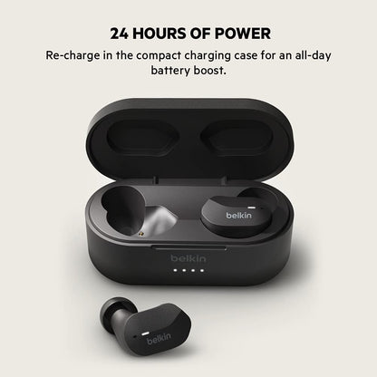 Belkin SoundForm True Wireless Earbuds, Bluetooth Headphones with Microphone, Touch Controls, IPX5 Sweat &amp; Splash Resistant for iPhone 12, Pro, Max, Mini and Galaxy with Charging Case (Black) Classic Black