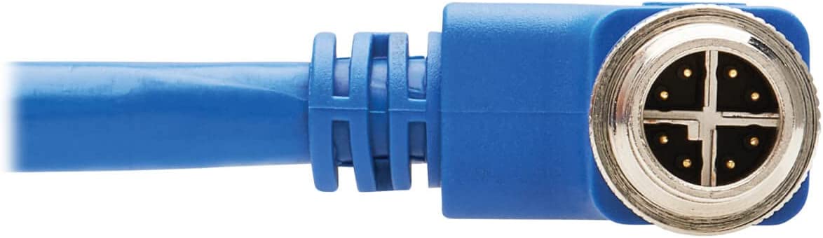 Tripp Lite M12 X-Code Cat6a Shielded Ethernet Cable, Right-Angle M12/RJ45 Cable, 10G F/UTP CMR-LP (M/M), IP68, 60W Power Over Ethernet, Blue, 6.6 Feet / 2 Meters, (NM12-6A4-02M-BL) Right-Angle M12 to RJ45 6.6 ft / 2M