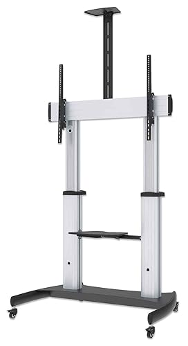 Manhattan Heavy Duty Rolling TV Stand for 60–100 Inch Flat Screen TVs up to 220 lbs. / Aluminum Construction / 5–10° Tilt/Height-Adjustable Camera & AV Shelves/Silver & Black / 461672