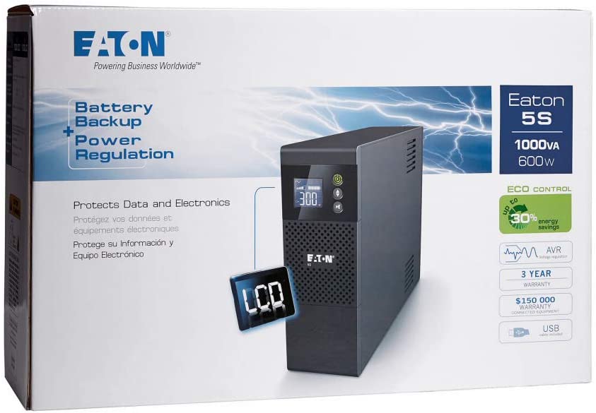 Eaton 5S1000LCD UPS Battery Backup &amp; Surge Protector, 1000VA / 600W, AVR, LCD Display, Line Interactive 5S LCD Power Supply 1000VA