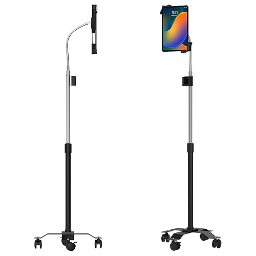 Gooseneck Floor Stand – CTA’s Compact, Adjustable Gooseneck with Swivel Casters for iPad 7th/ 8th/ 9th Gen 10.2”, iPad Air 4, 12.9”, Surface Pro, Zebra & Other 7-13” Tablets (PAD-CGS)
