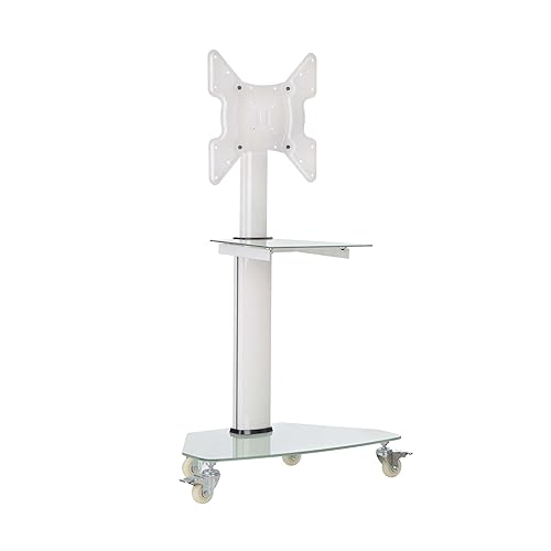 Tripp Lite Mobile Rolling TV Stand Cart with Mount for 32” – 55” Televisions, Elegant Frosted Glass Base and Shelf, Adjustable 50” – 62” Height, Durable White Steel, 5-Year Warranty (DMCS3255SG62W)