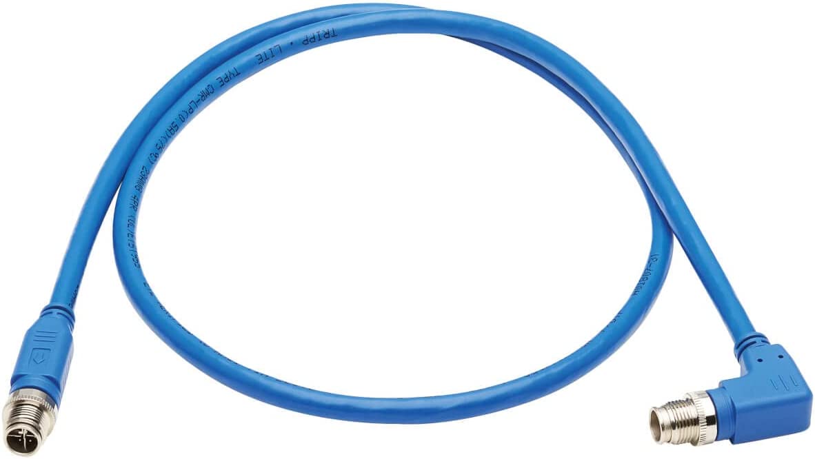 Tripp Lite M12 X-Code Cat6a Shielded Ethernet Cable, Right-Angle M12 Cable, 10G F/UTP CMR-LP (M/M), IP68, 60W Power Over Ethernet, Blue, 3.3 Feet / 1 Meter, (NM12-6A3-01M-BL) Right-Angle M12 3.3 ft / 1M
