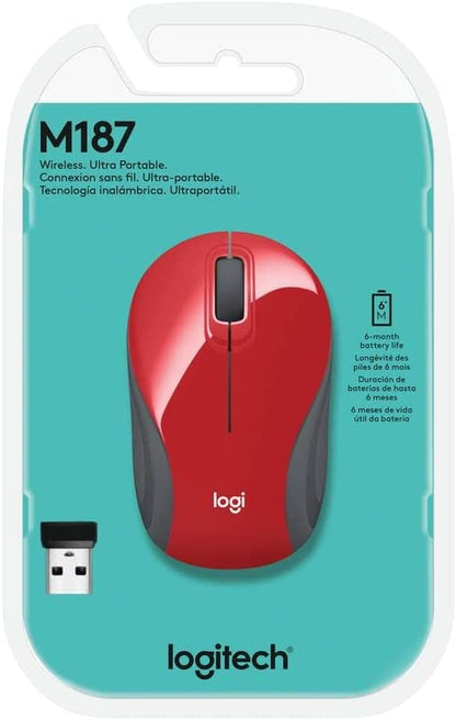 Logitech Wireless Mini Mouse M187 Ultra Portable, 1000 DPI Optical Tracking, 3-Buttons, PC/Mac/Laptop - Red