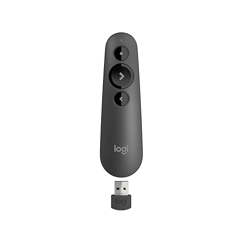 Logitech R500s Laser Presentation Remote Clicker with Dual Connectivity Bluetooth or USB for Powerpoint, Keynote, Google Slides, Wireless Presenter - Black (Class 1 Laser) Red Laser 3 buttons Clicker