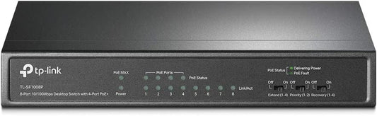 TP-Link TL-SF1008P | 8 Port 10/100Mbps PoE Switch | 4 PoE+ Ports @66W | Desktop | Plug &amp; Play | Sturdy Metal Casing | Fanless | Limited Lifetime Protection | Extend &amp; Priority Mode | PoE Auto Recovery 8 Port w/ 4-Port PoE+