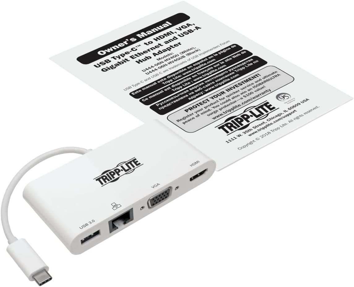 Tripp Lite USB-C Hub with 4K HDMI, 1080P VGA, Gigabit Ethernet, USB-A 3.0, Thunderbolt 3, DisplayPort Alt Mode, 5 Gbps, White (U444-06N-HV4GU) White USB/GbE/VGA/HDMI