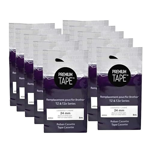 Premium Tape Label Tape - Replacement for Brother TZ-251 - Black on White Tape - 0,94'' x 26,2' (24mm x 8m) - Pack of 10