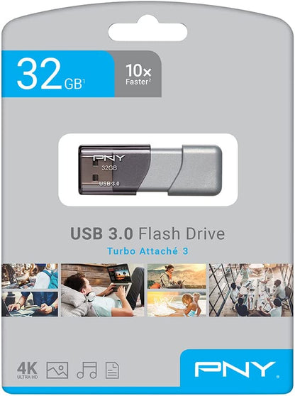 PNY 32GB Turbo Attache 3 USB 3.0 Flash Drive, GREY 32GB FLASH DRIVE
